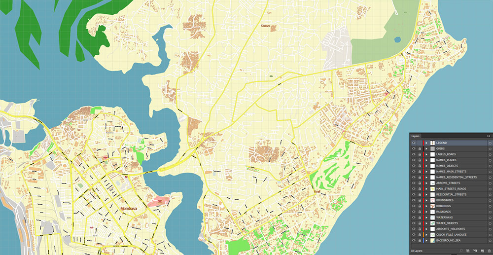 Mombasa Kenya Vector Map Exact High Detailed Street Map editable Adobe Illustrator in layers