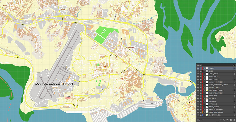 Mombasa Kenya Vector Map Exact High Detailed Street Map editable Adobe Illustrator in layers