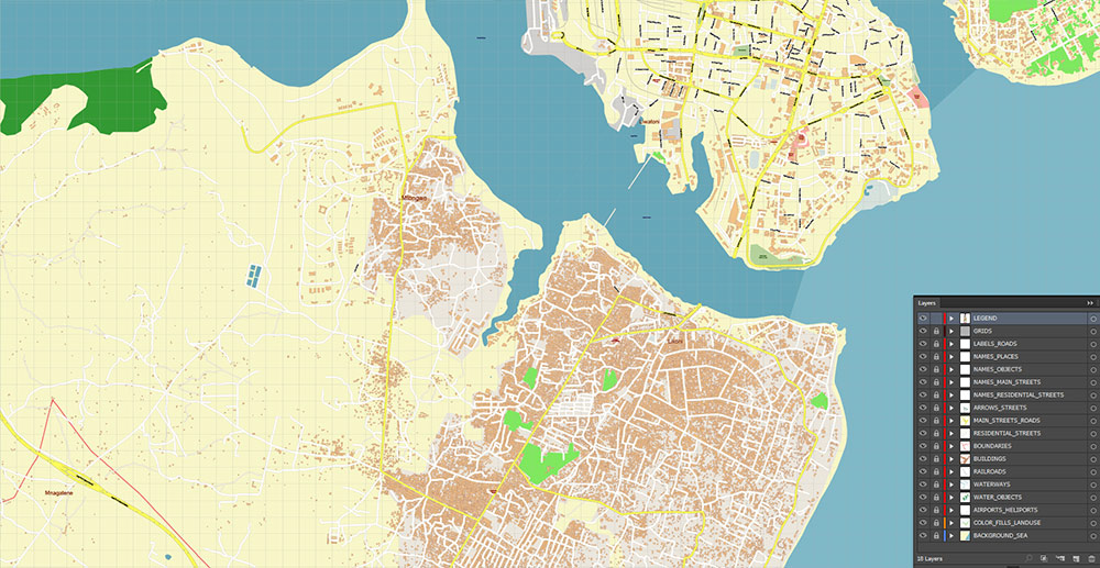 Mombasa Kenya Vector Map Exact High Detailed Street Map editable Adobe Illustrator in layers