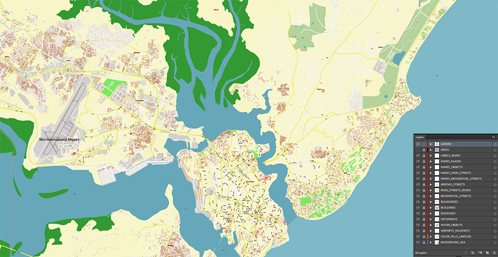 Mombasa Kenya Vector Map Exact High Detailed Street Map editable Adobe Illustrator in layers