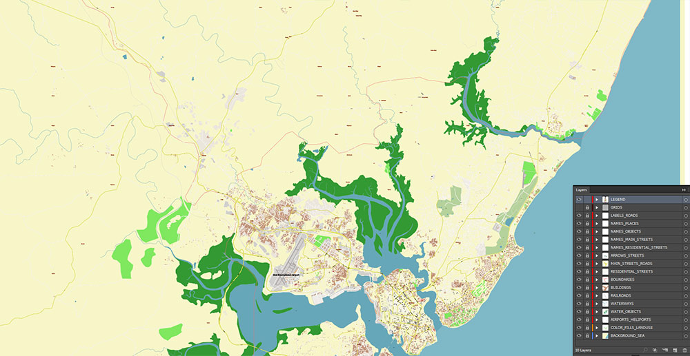 Mombasa Kenya Vector Map Exact High Detailed Street Map editable Adobe Illustrator in layers