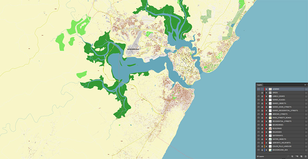 Mombasa Kenya Vector Map Exact High Detailed Street Map editable Adobe Illustrator in layers
