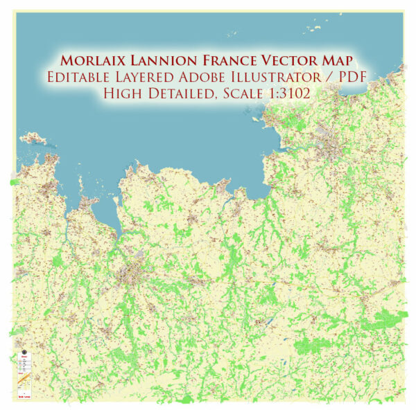 Morlaix Lannion France Vector Map Exact High Detailed Street Map editable Adobe Illustrator in layers Morlaix Lannion France Vector Map Exact High Detailed Street Map editable Adobe Illustrator in layers