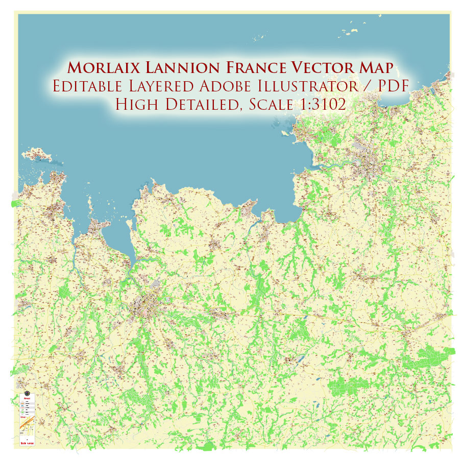 Morlaix Lannion France Vector Map Exact High Detailed Street Map editable Adobe Illustrator in layers