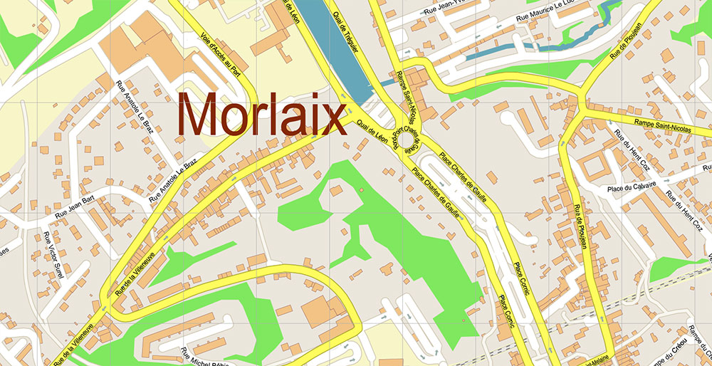Morlaix Lannion France Vector Map Exact High Detailed Street Map editable Adobe Illustrator in layers