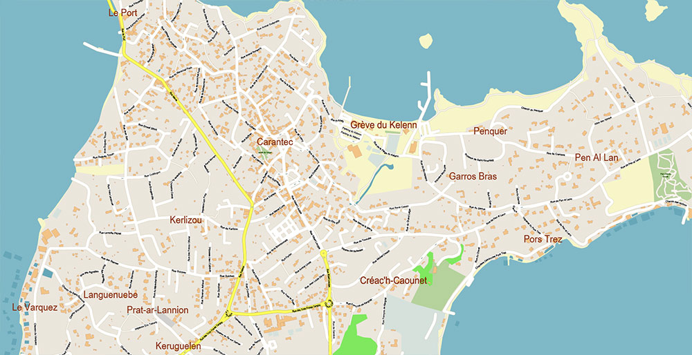 Morlaix Lannion France Vector Map Exact High Detailed Street Map editable Adobe Illustrator in layers