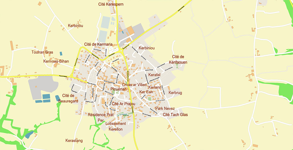 Morlaix Lannion France Vector Map Exact High Detailed Street Map editable Adobe Illustrator in layers