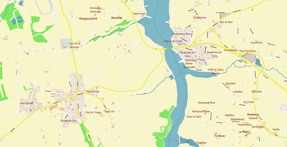 Morlaix Lannion France Vector Map Exact High Detailed Street Map editable Adobe Illustrator in layers