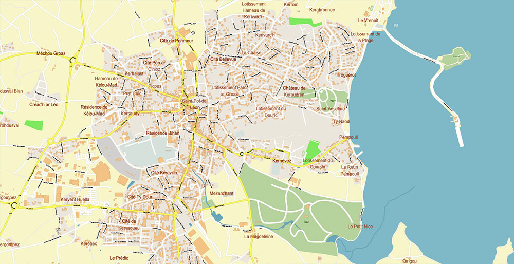 Morlaix Lannion France Vector Map Exact High Detailed Street Map editable Adobe Illustrator in layers