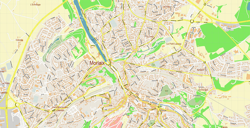 Morlaix Lannion France Vector Map Exact High Detailed Street Map editable Adobe Illustrator in layers