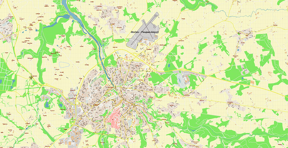 Morlaix Lannion France Vector Map Exact High Detailed Street Map editable Adobe Illustrator in layers