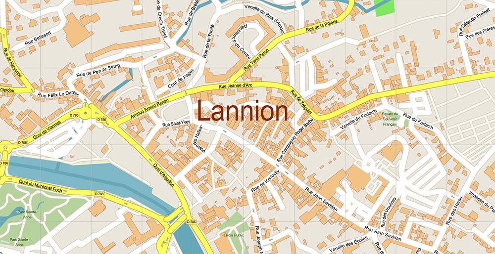 Morlaix Lannion France Vector Map Exact High Detailed Street Map editable Adobe Illustrator in layers