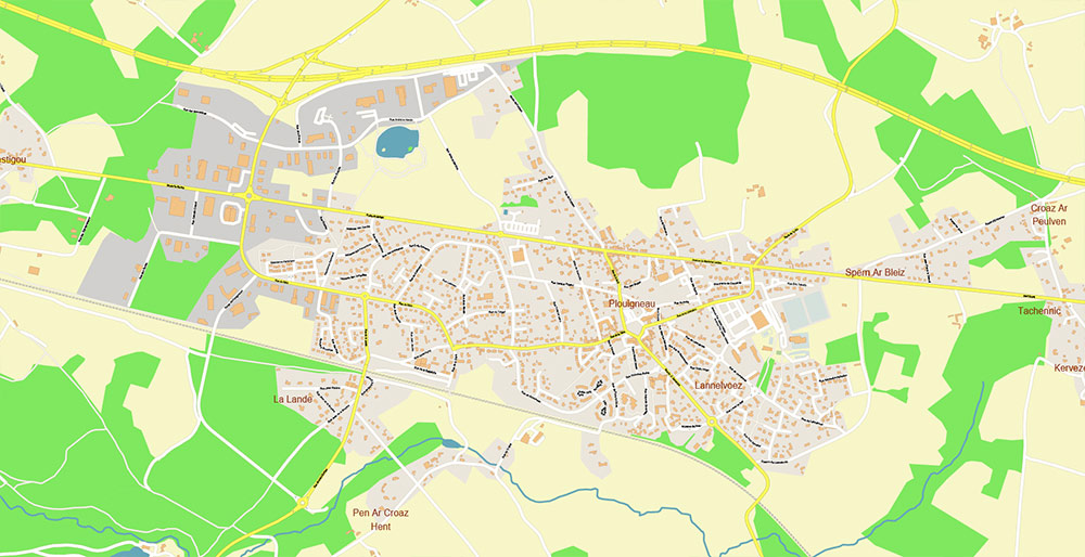 Morlaix Lannion France Vector Map Exact High Detailed Street Map editable Adobe Illustrator in layers