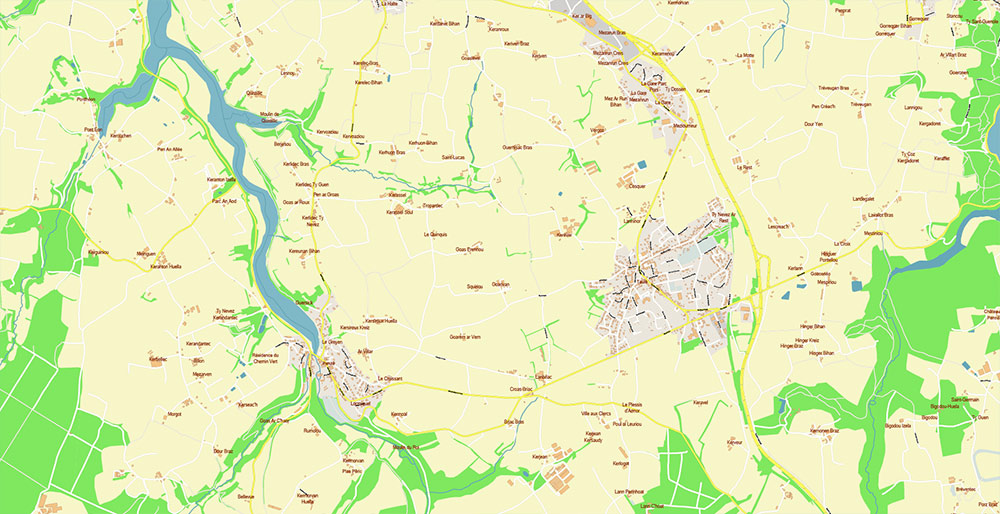 Morlaix Lannion France Vector Map Exact High Detailed Street Map editable Adobe Illustrator in layers