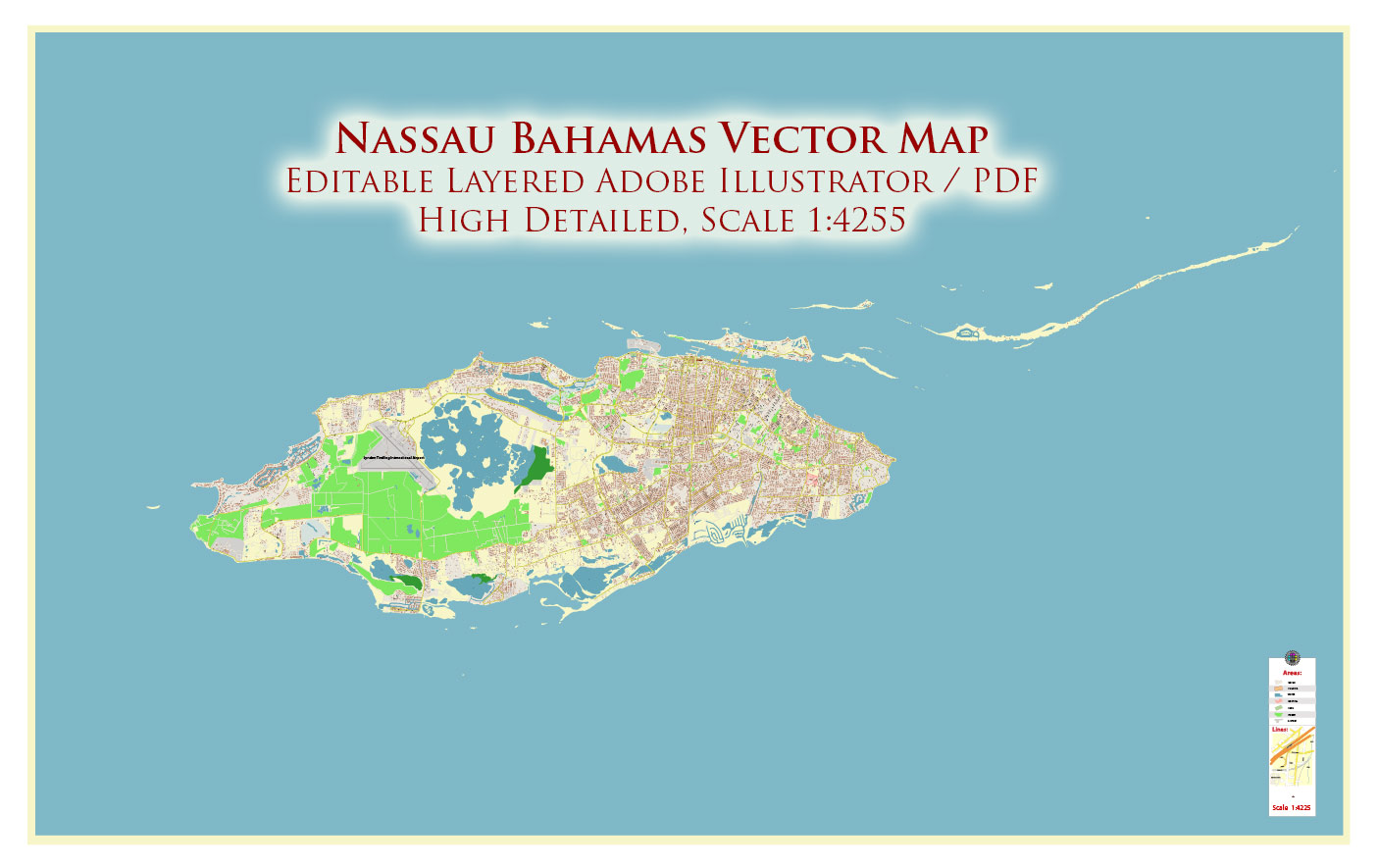 Nassau Bahamas Vector Map Exact High Detailed Street Map editable Adobe Illustrator in layers