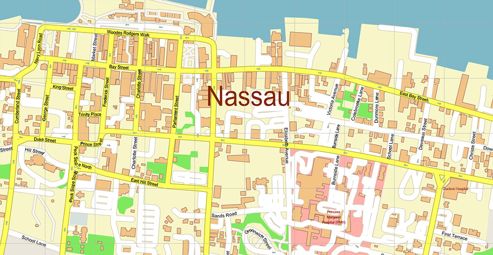 Nassau Bahamas Vector Map Exact High Detailed Street Map editable Adobe Illustrator in layers