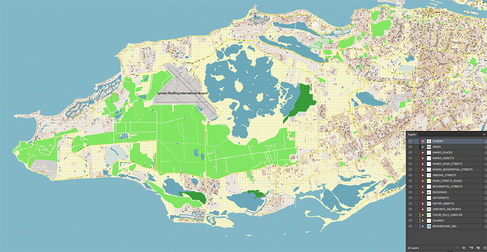 Nassau Bahamas Vector Map Exact High Detailed Street Map editable Adobe Illustrator in layers
