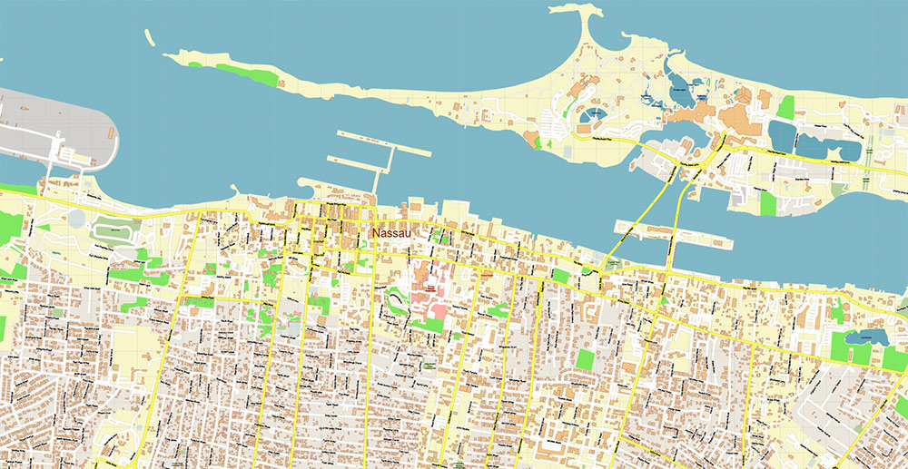 Nassau Bahamas Vector Map Exact High Detailed Street Map editable Adobe Illustrator in layers
