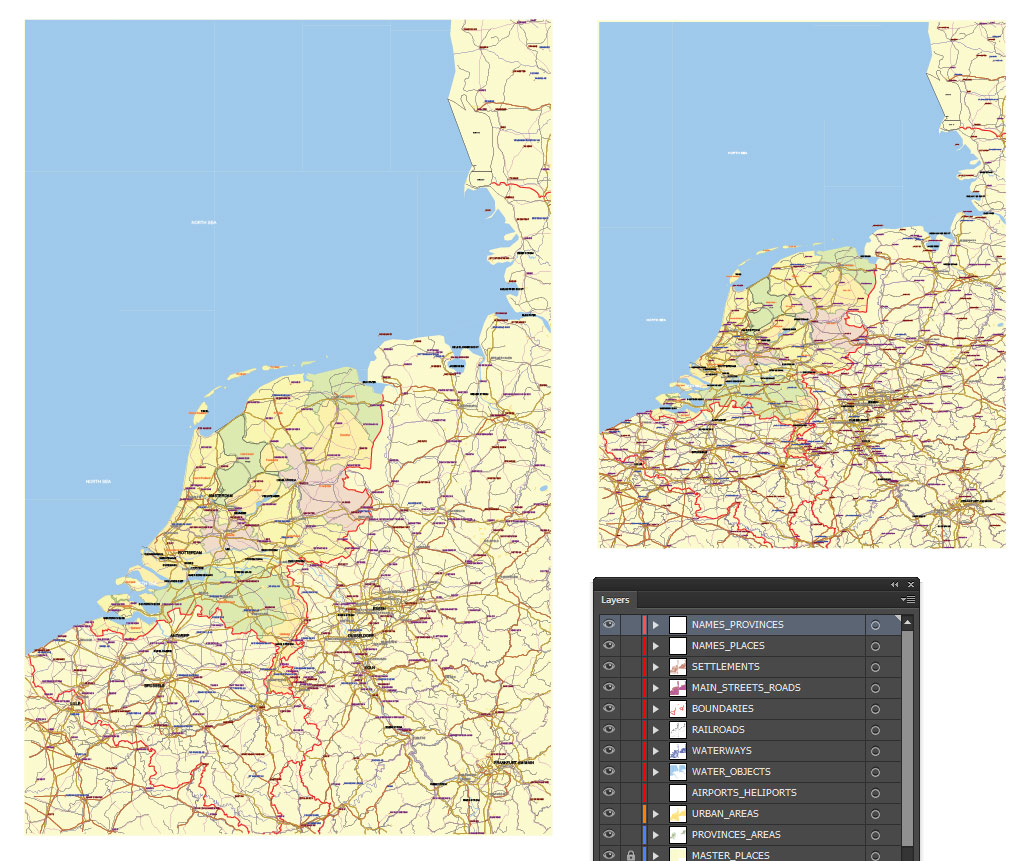 Netherlands Map Vector Exact Low Detailed Road & Admin Map editable Adobe Illustrator and PDF in layers in 1 archive