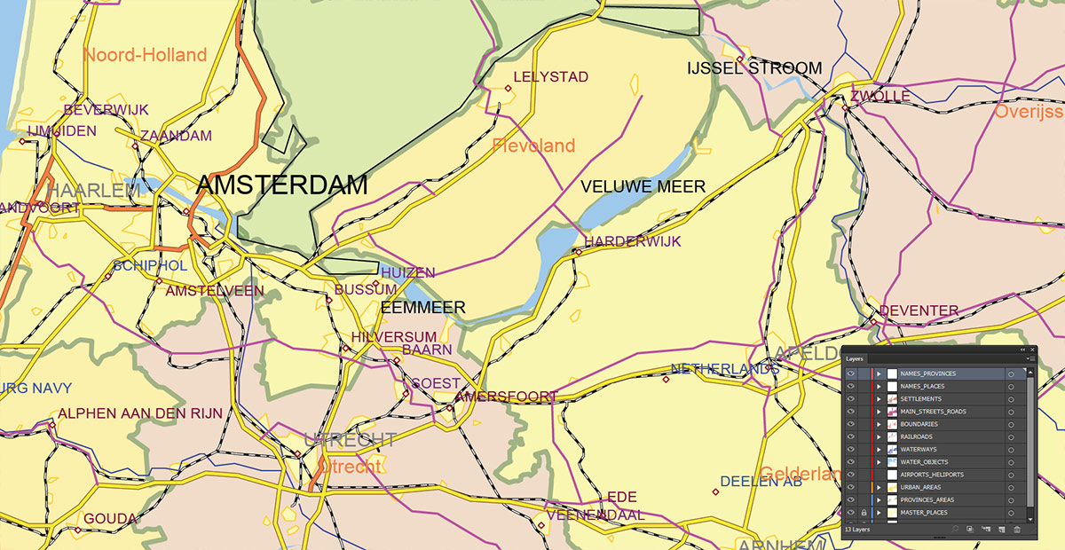 Netherlands Map Vector Exact Low Detailed Road & Admin Map editable Adobe Illustrator and PDF in layers in 1 archive