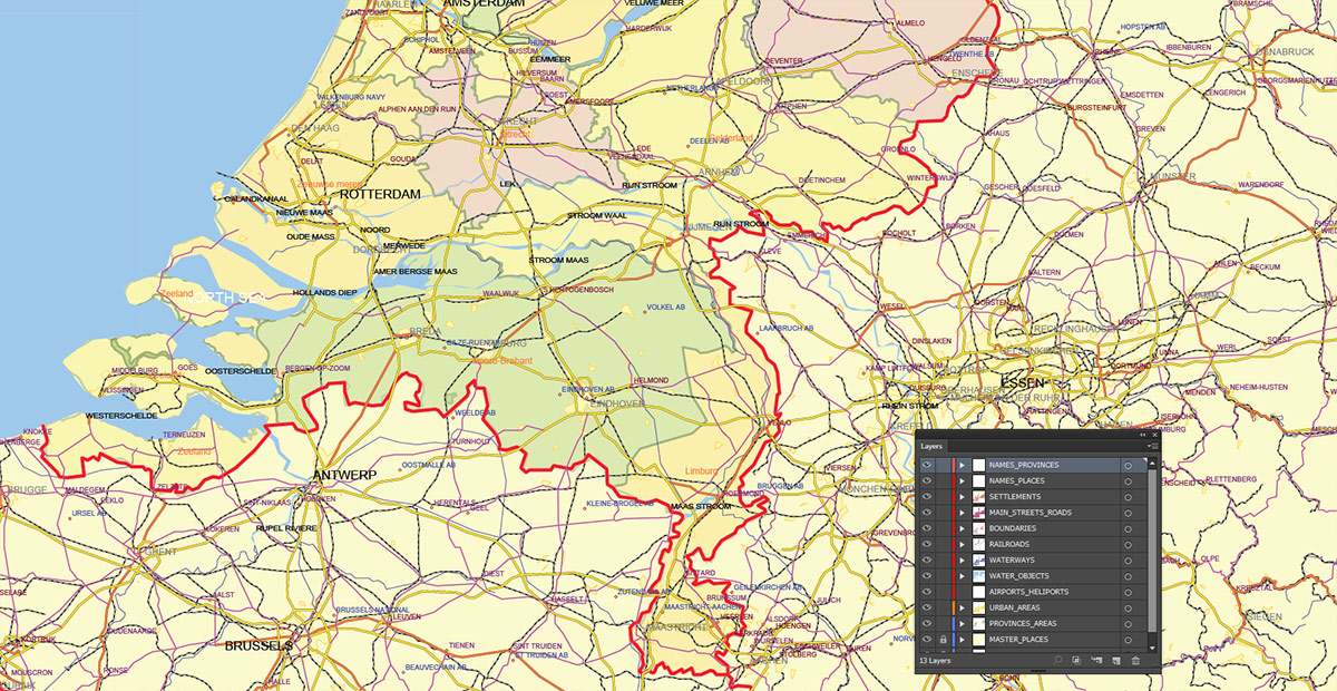Netherlands Map Vector Exact Low Detailed Road & Admin Map editable Adobe Illustrator and PDF in layers in 1 archive