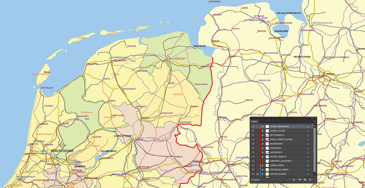 Netherlands Map Vector Exact Low Detailed Road & Admin Map editable Adobe Illustrator and PDF in layers in 1 archive