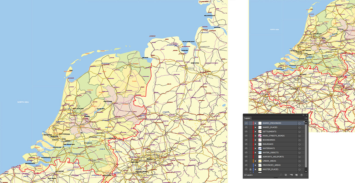 Netherlands Map Vector Exact Low Detailed Road & Admin Map editable Adobe Illustrator and PDF in layers in 1 archive