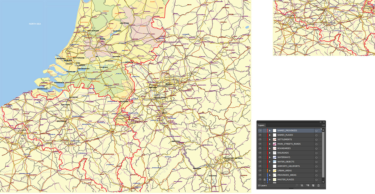 Netherlands Map Vector Exact Low Detailed Road & Admin Map editable Adobe Illustrator and PDF in layers in 1 archive