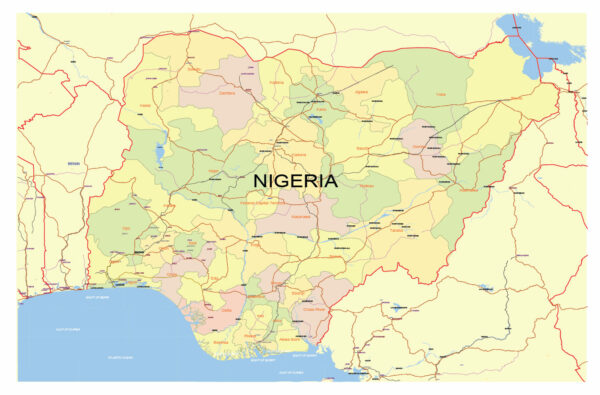 Nigeria Map Vector Exact Low Detailed Road & Admin Map editable Adobe Illustrator and PDF in layers in 1 archive Nigeria Map Vector Exact Low Detailed Road & Admin Map editable Adobe Illustrator and PDF in layers in 1 archive