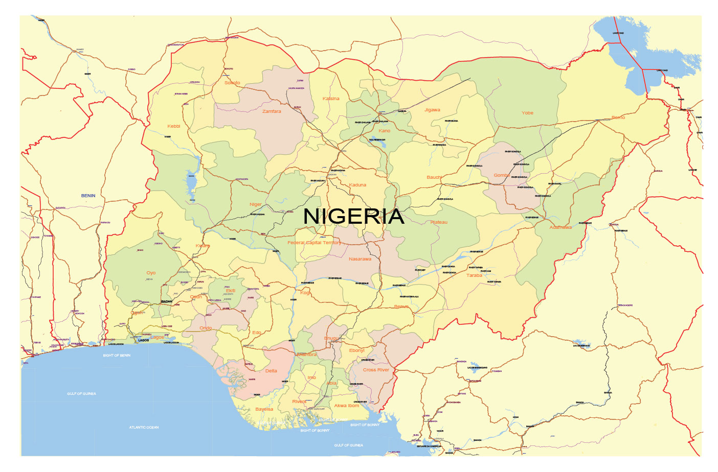 Nigeria Map Vector Exact Low Detailed Road & Admin Map editable Adobe Illustrator and PDF in layers in 1 archive Nigeria Map Vector Exact Low Detailed Road & Admin Map editable Adobe Illustrator and PDF in layers in 1 archive
