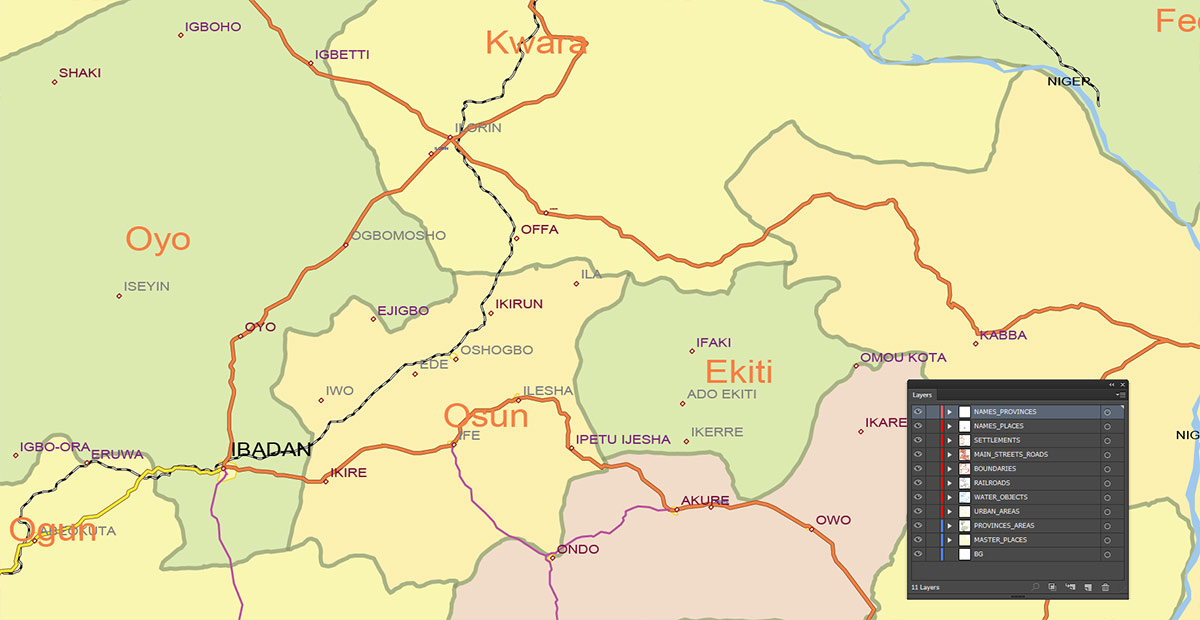 Nigeria Map Vector Exact Low Detailed Road & Admin Map editable Adobe Illustrator and PDF in layers in 1 archive Nigeria Map Vector Exact Low Detailed Road & Admin Map editable Adobe Illustrator and PDF in layers in 1 archive