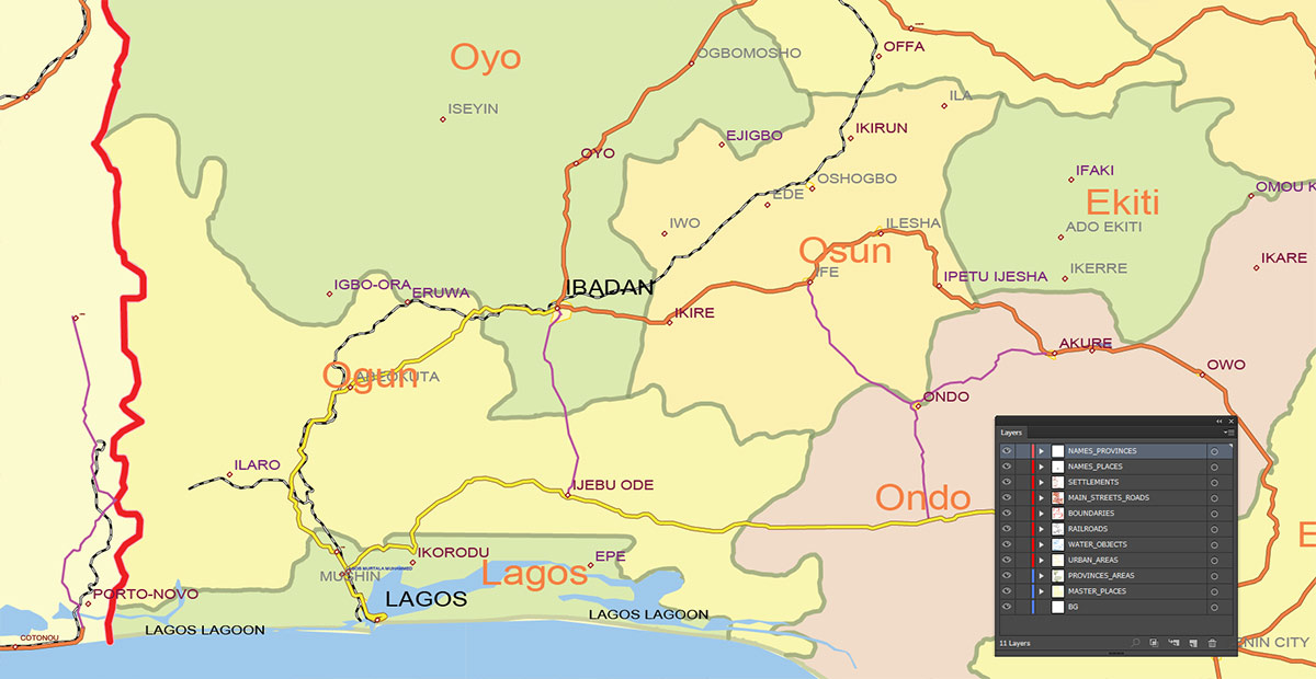 Nigeria Map Vector Exact Low Detailed Road & Admin Map editable Adobe Illustrator and PDF in layers in 1 archive Nigeria Map Vector Exact Low Detailed Road & Admin Map editable Adobe Illustrator and PDF in layers in 1 archive