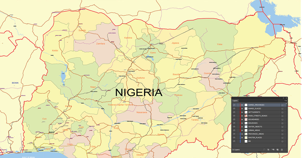 Nigeria Map Vector Exact Low Detailed Road & Admin Map editable Adobe Illustrator and PDF in layers in 1 archive Nigeria Map Vector Exact Low Detailed Road & Admin Map editable Adobe Illustrator and PDF in layers in 1 archive