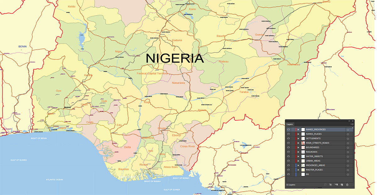 Nigeria Map Vector Exact Low Detailed Road & Admin Map editable Adobe Illustrator and PDF in layers in 1 archive Nigeria Map Vector Exact Low Detailed Road & Admin Map editable Adobe Illustrator and PDF in layers in 1 archive
