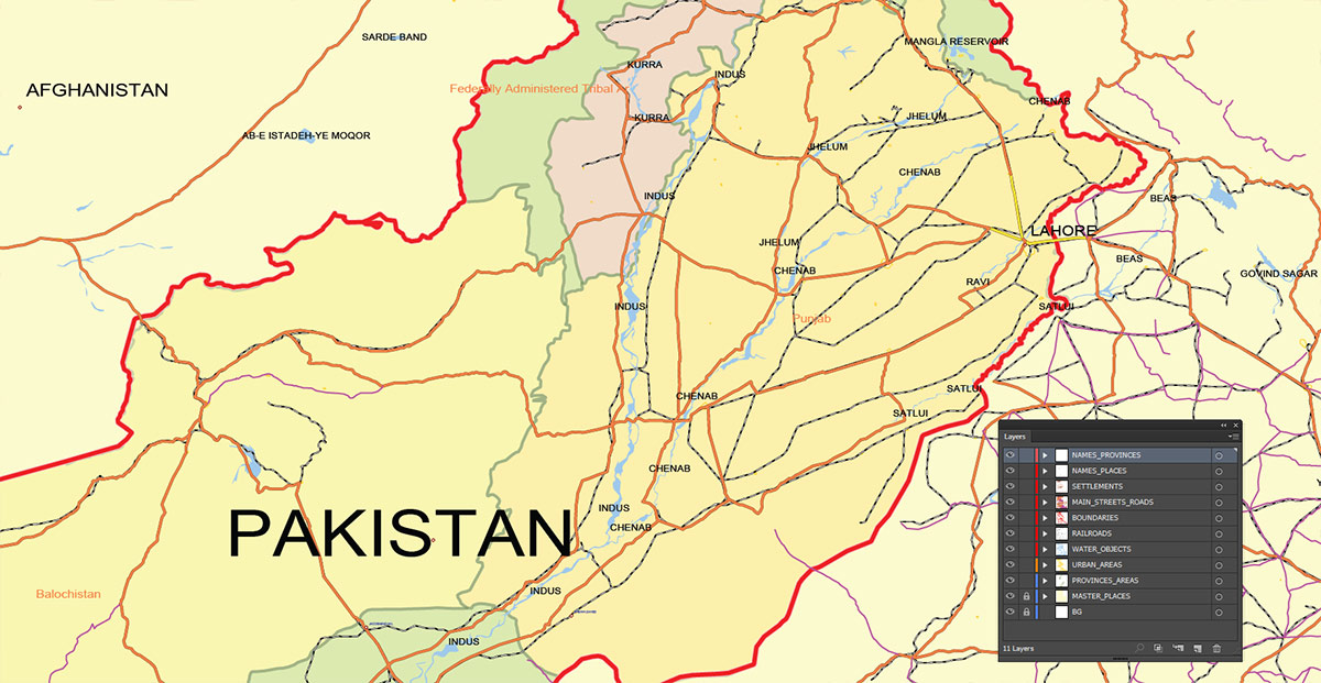 Pakistan Map Vector Exact Low Detailed Road & Admin Map editable Adobe Illustrator and PDF in layers in 1 archive Pakistan Map Vector Exact Low Detailed Road & Admin Map editable Adobe Illustrator and PDF in layers in 1 archive
