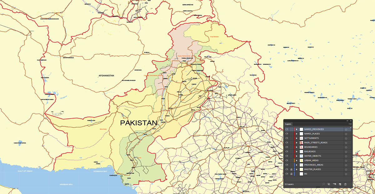 Pakistan Map Vector Exact Low Detailed Road & Admin Map editable Adobe Illustrator and PDF in layers in 1 archive Pakistan Map Vector Exact Low Detailed Road & Admin Map editable Adobe Illustrator and PDF in layers in 1 archive