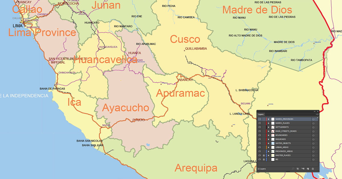 Peru Map Vector Exact Low Detailed Road & Admin Map editable Adobe Illustrator and PDF in layers in 1 archive