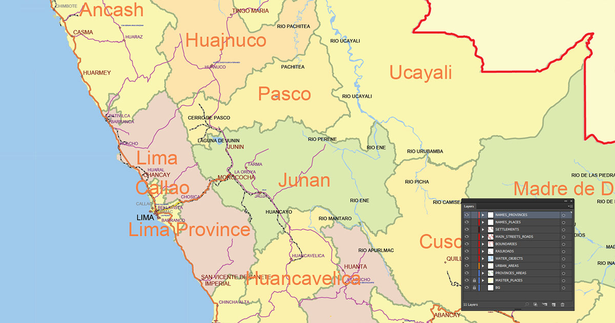 Peru Map Vector Exact Low Detailed Road & Admin Map editable Adobe Illustrator and PDF in layers in 1 archive