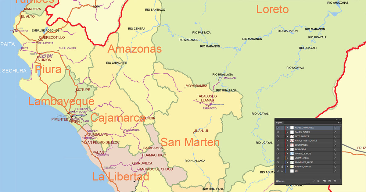 Peru Map Vector Exact Low Detailed Road & Admin Map editable Adobe Illustrator and PDF in layers in 1 archive