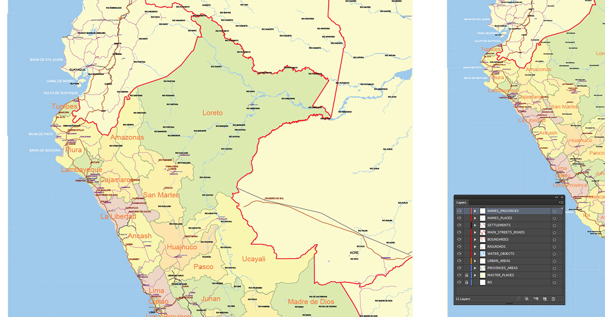 Peru Map Vector Exact Low Detailed Road & Admin Map editable Adobe Illustrator and PDF in layers in 1 archive