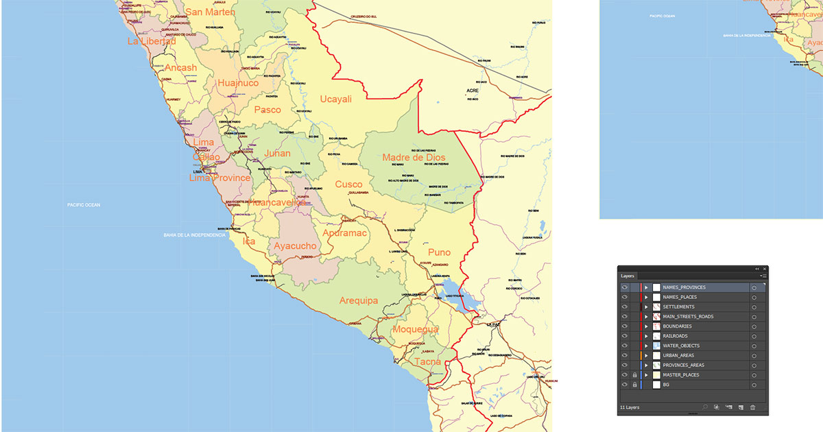 Peru Map Vector Exact Low Detailed Road & Admin Map editable Adobe Illustrator and PDF in layers in 1 archive
