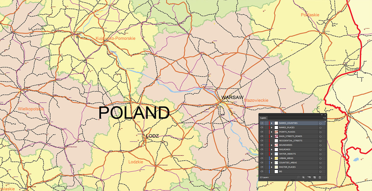 Poland Map Vector Exact Low Detailed Road & Admin Map editable Adobe Illustrator and PDF in layers in 1 archive Poland Map Vector Exact Low Detailed Road & Admin Map editable Adobe Illustrator and PDF in layers in 1 archive