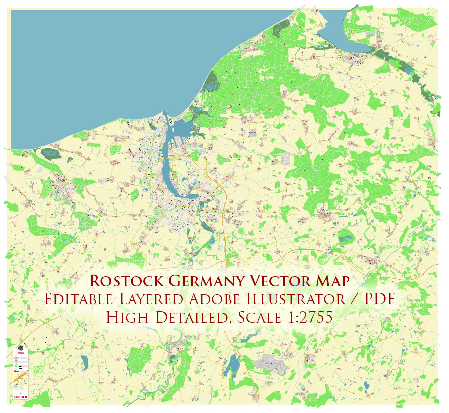 Rostock Germany Vector Map Exact High Detailed Street Map editable Adobe Illustrator in layers