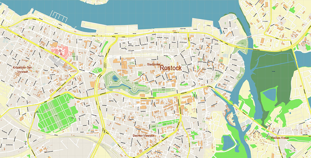 Rostock Germany Vector Map Exact High Detailed Street Map editable Adobe Illustrator in layers