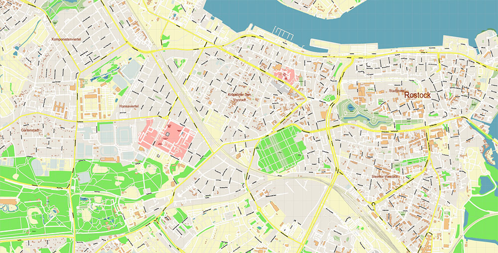 Rostock Germany Vector Map Exact High Detailed Street Map editable Adobe Illustrator in layers