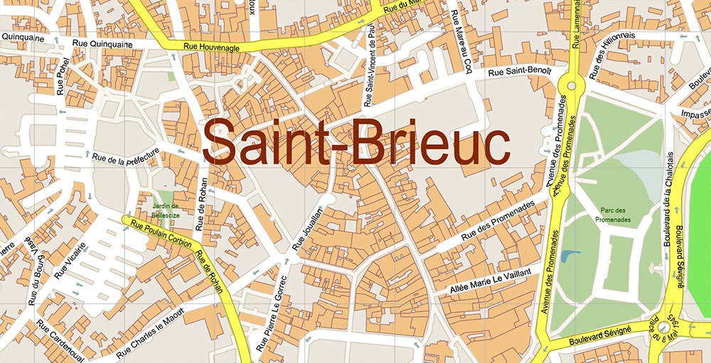 Saint-Brieuc France Vector Map Exact High Detailed Street Map editable Adobe Illustrator in layers