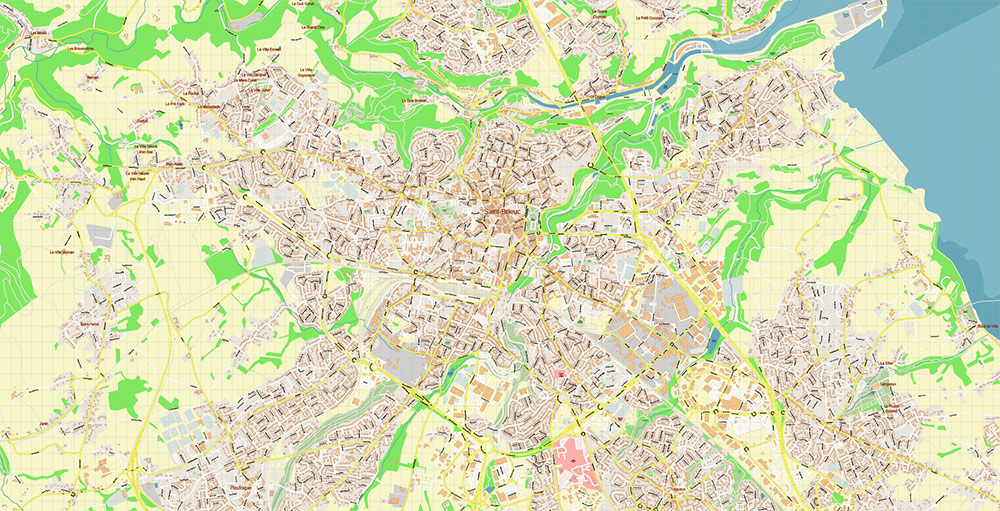 Saint-Brieuc France Vector Map Exact High Detailed Street Map editable Adobe Illustrator in layers