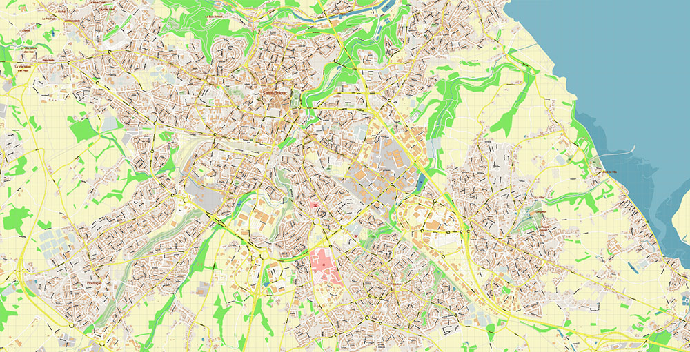 Saint-Brieuc France Vector Map Exact High Detailed Street Map editable Adobe Illustrator in layers