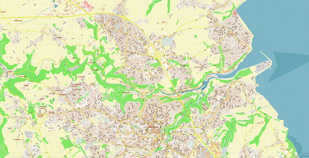 Saint-Brieuc France Vector Map Exact High Detailed Street Map editable Adobe Illustrator in layers