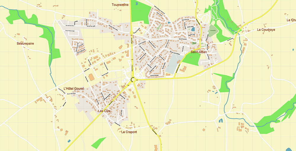 Saint-Brieuc France Vector Map Exact High Detailed Street Map editable Adobe Illustrator in layers